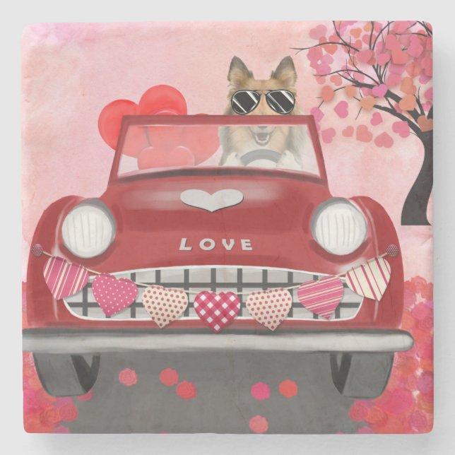 Rough Collie Dog Car mit Herzvalentiner Steinuntersetzer (Vorderseite)