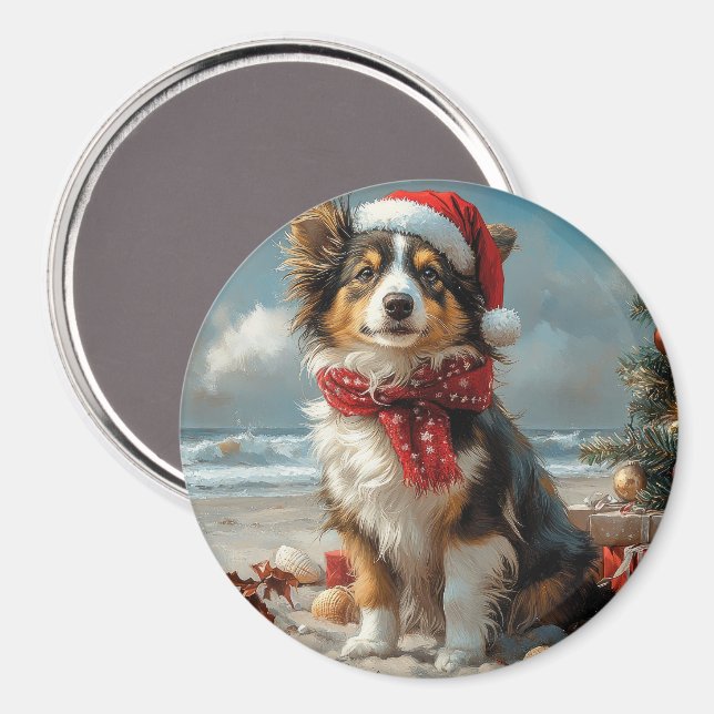 Rough Collie Dog Christmas Vintag Beach Magnet (Vorderseite/Rückseite)