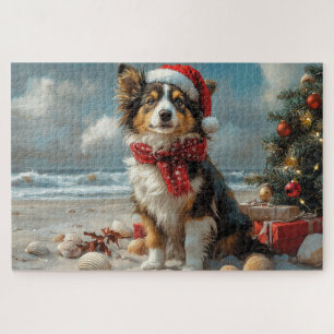 Rough Collie Dog Christmas Vintag Beach Puzzle