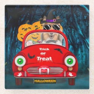 Rough Collie Dog Driving Car Beängstigend Hallowee Glasuntersetzer