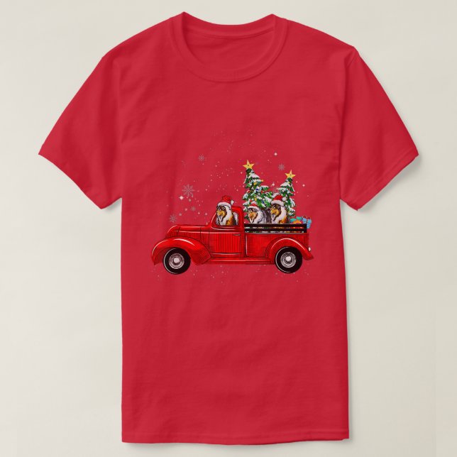 Rough Collie Dog Driving Xmas Truck Christmas Tree T-Shirt (Design vorne)