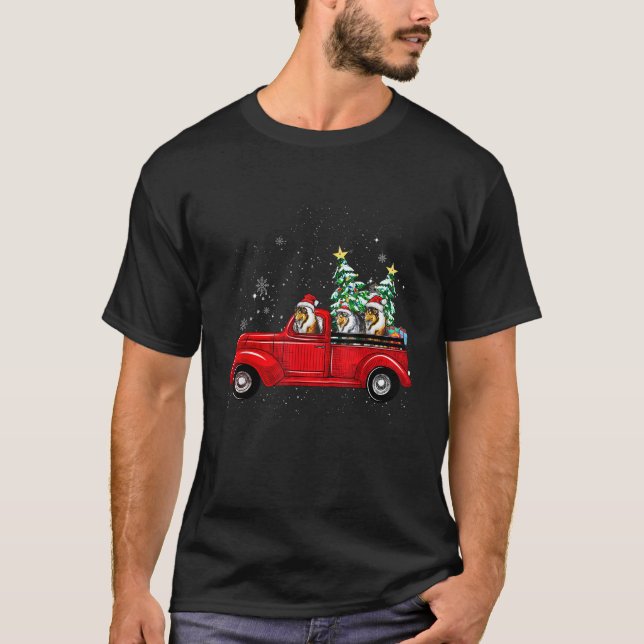 Rough Collie Dog Driving Xmas Truck Weihnachtsbaum T-Shirt (Vorderseite)