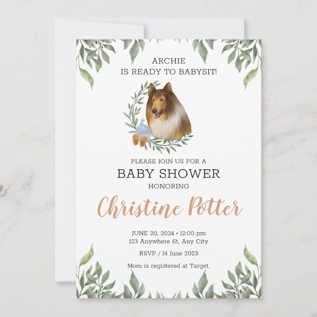 Rough Collie Dog Greenery Boho Baby Shower Einladung (Vorderseite)