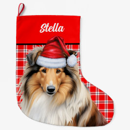 Rough Collie Dog Holiday Red Kariert Personalisier Großer Weihnachtsstrumpf