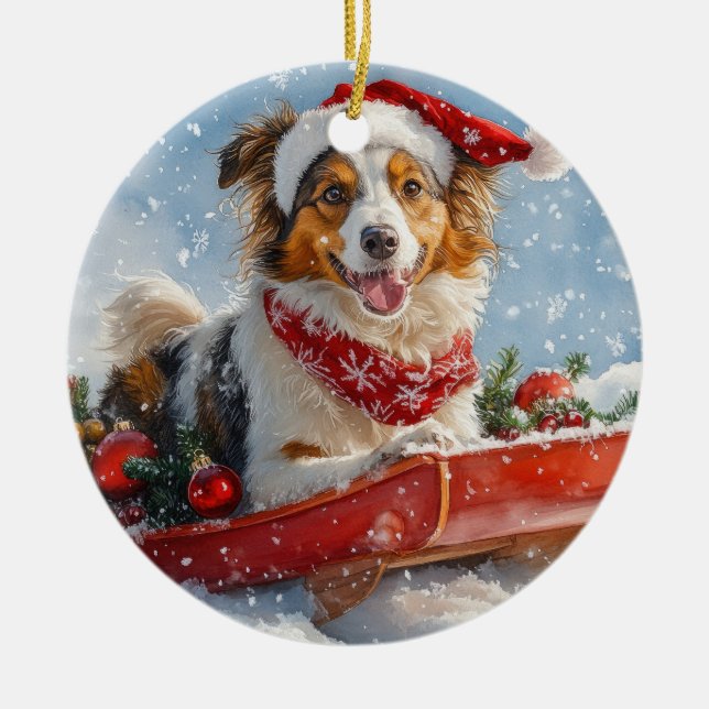 Rough Collie Dog in Sledge Let it Snow Christmas Keramik Ornament (Vorne)