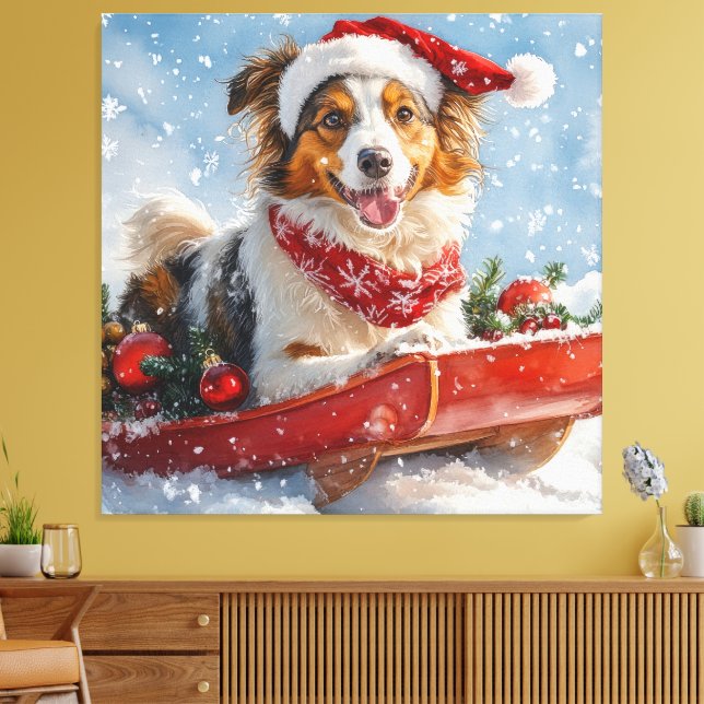 Rough Collie Dog in Sledge Let it Snow Christmas Leinwanddruck (Insitu (Wohnzimmer))