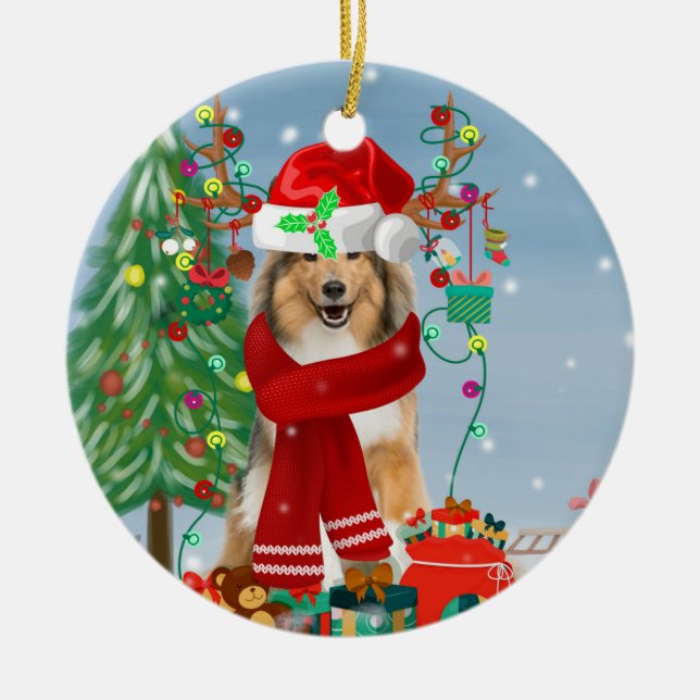 Rough Collie Dog in Snow Christmas Gift   Keramik Ornament (Vorne)