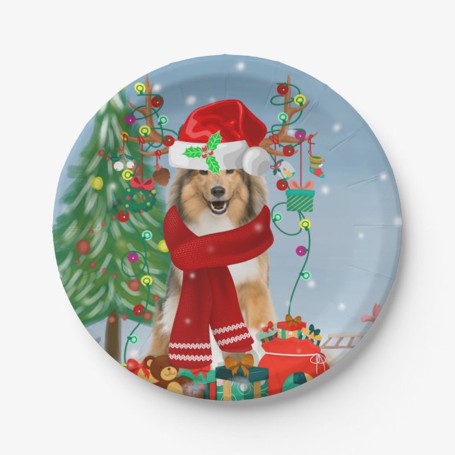 Rough Collie Dog in Snow Christmas Gift Pappteller (Vorderseite)