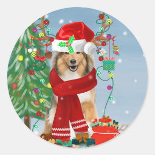 Rough Collie Dog in Snow Christmas Gift Runder Aufkleber
