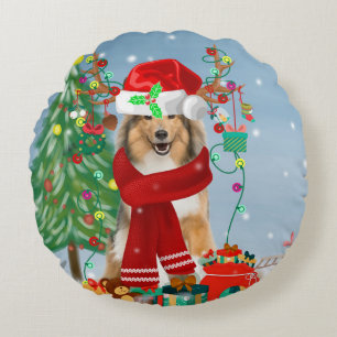 Rough Collie Dog in Snow Christmas Gift Rundes Kissen