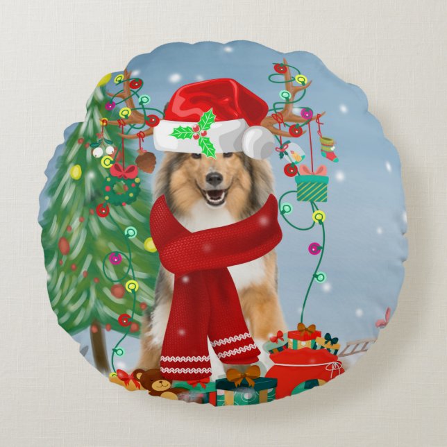 Rough Collie Dog in Snow Christmas Gift Rundes Kissen (Vorderseite)