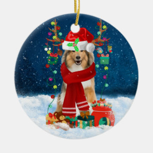 Rough Collie Dog in Snow with Christmas Gifts  Keramik Ornament