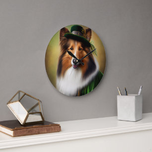 Rough Collie Dog in St. Patrick's Day Dress Große Wanduhr