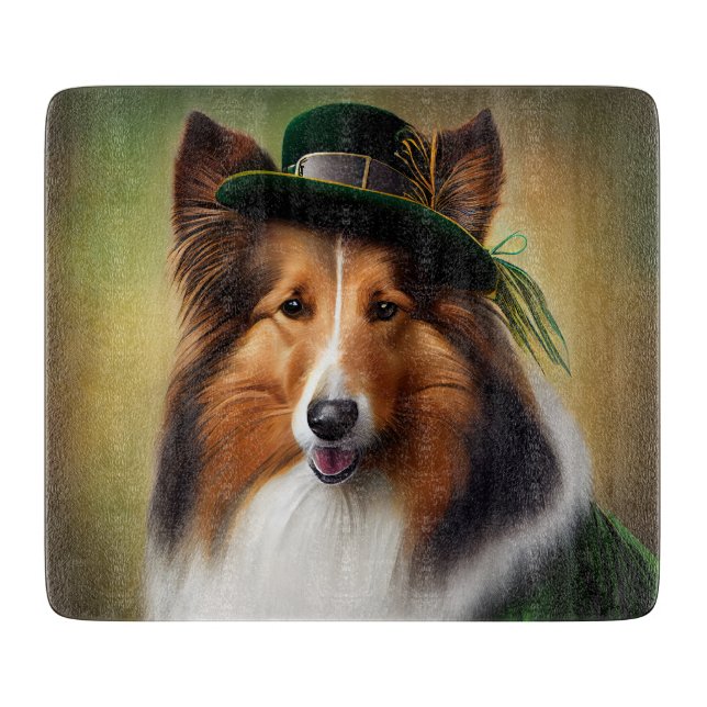 Rough Collie Dog in St. Patrick's Day Dress Schneidebrett (Vorderseite)