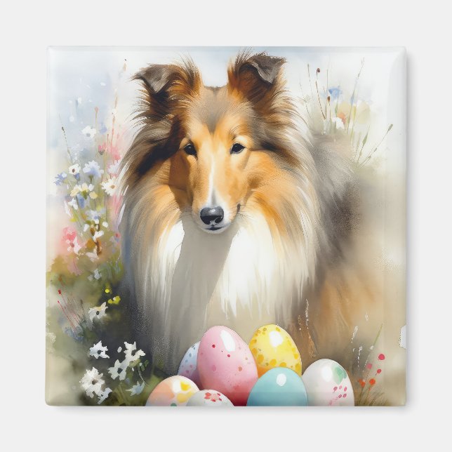 Rough Collie Dog mit Ostereiern Urlaub Magnet (Vorne)