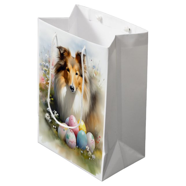 Rough Collie Dog mit Ostereiern Urlaub Mittlere Geschenktüte (Vorderseite Schrägansicht)