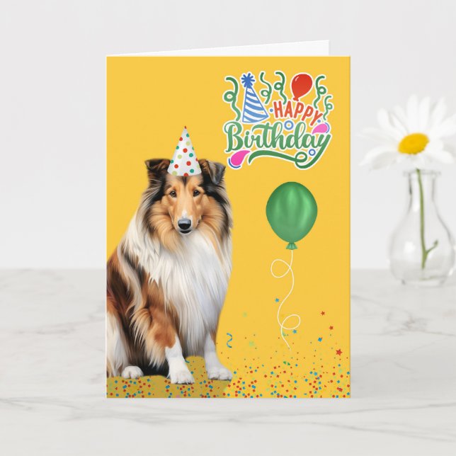 Rough Collie Dog Party Hat Yellow Birthday Karte (Kleine Pflanze)