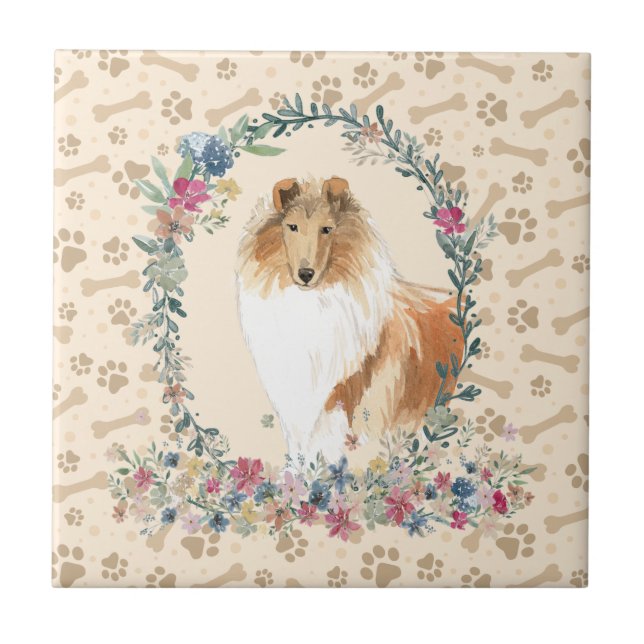 Rough Collie Dog Paw Print Floral Niedlich Beige Fliese (Vorderseite)