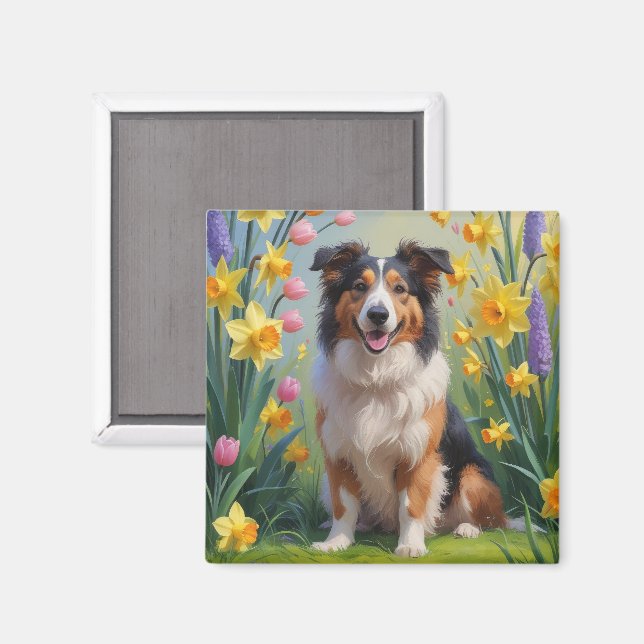 Rough Collie Dog Spring Flowers Malerei Magnet (Vorderseite/Rückseite)