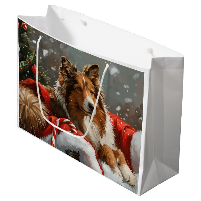 Rough Collie Dog Weihnachtsfest Große Geschenktüte (Vorderseite Schrägansicht)
