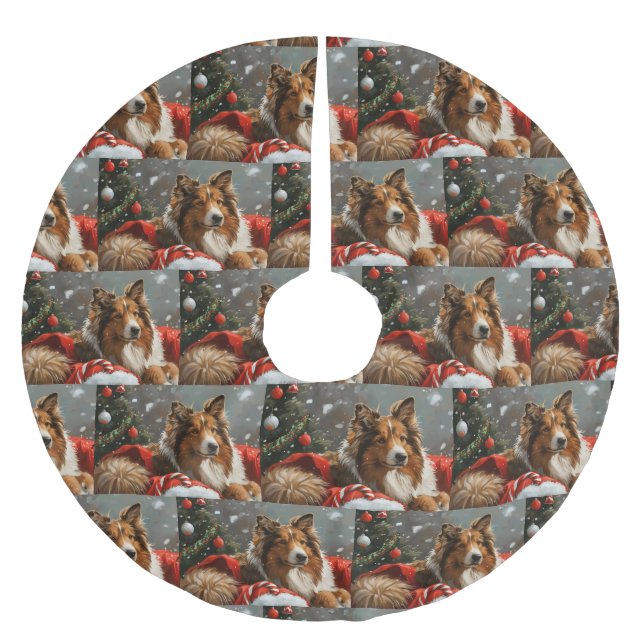 Rough Collie Dog Weihnachtsfest Polyester Weihnachtsbaumdecke (Vorderseite)