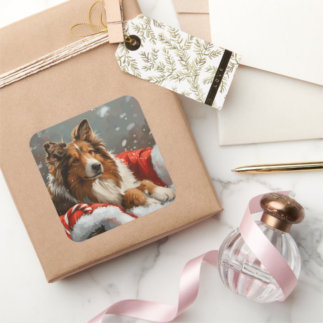 Rough Collie Dog Weihnachtsfest Quadratischer Aufkleber (Schenken)