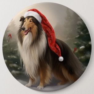 Rough Collie Dog zu Schnee Weihnachten Button