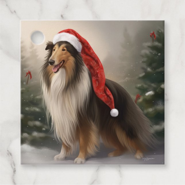 Rough Collie Dog zu Schnee Weihnachten Geschenkanhänger (Vorderseite)