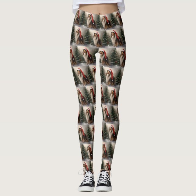 Rough Collie Dog zu Schnee Weihnachten Leggings (Vorderseite)