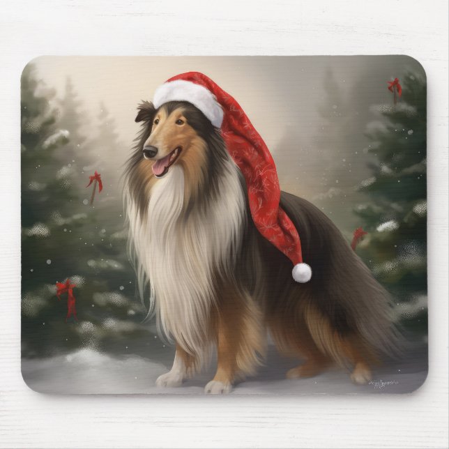 Rough Collie Dog zu Schnee Weihnachten Mousepad (Vorne)
