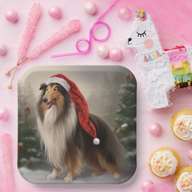 Rough Collie Dog zu Schnee Weihnachten Pappteller (Party)