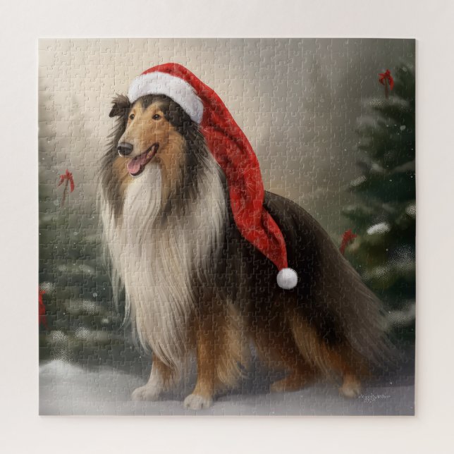 Rough Collie Dog zu Schnee Weihnachten Puzzle (Vertikal)
