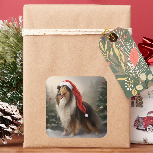 Rough Collie Dog zu Schnee Weihnachten Quadratischer Aufkleber (Feiertag)