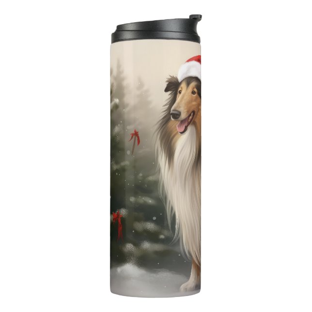 Rough Collie Dog zu Schnee Weihnachten Thermosbecher (Nach links gedreht)