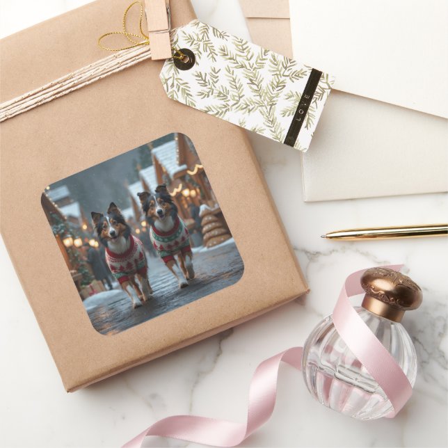 Rough Collie Dogs Christmas Snow Holiday Quadratischer Aufkleber (Schenken)