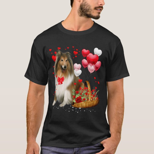 Rough Collie Heart Balloon Happy Valentine Day Dog T-Shirt (Vorderseite)