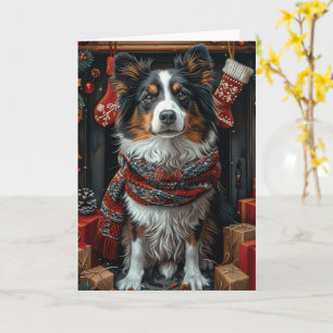 Rough Collie Hund mit Weihnachtsgeschenken Kamin Karte