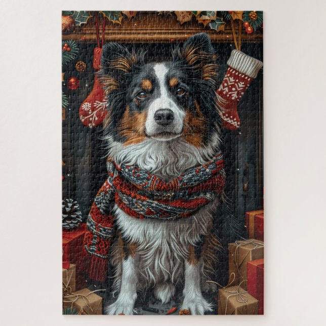 Rough Collie Hund mit Weihnachtsgeschenken Kamin Puzzle (Vertikal)