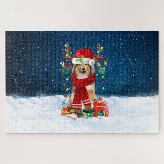 Rough Collie Hund mit Weihnachtsgeschenken Puzzle (Horizontal)
