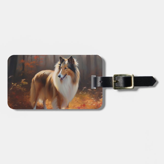 Rough Collie im Herbst Leaves Fall Inspiriert Gepäckanhänger (Vorderseite horizontal)