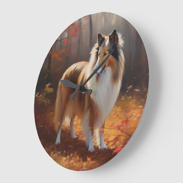 Rough Collie im Herbst Leaves Fall Inspiriert Große Wanduhr (Winkel)