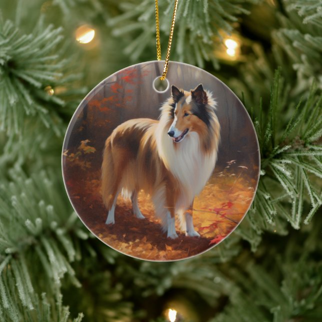 Rough Collie im Herbst Leaves Fall Inspiriert Keramik Ornament (Baum)