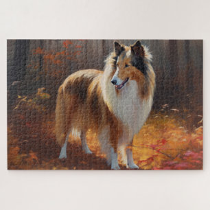 Rough Collie im Herbst Leaves Fall Inspiriert Puzzle