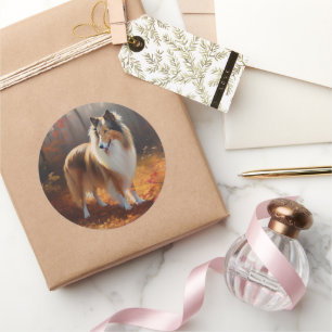 Rough Collie im Herbst Leaves Fall Inspiriert Runder Aufkleber