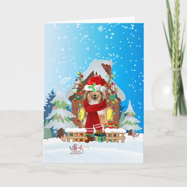 Rough Collie im Schnee mit Weihnachtsgeschenken Karte (Vorderseite)