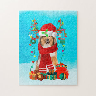 Rough Collie im Schnee mit Weihnachtsgeschenken Puzzle