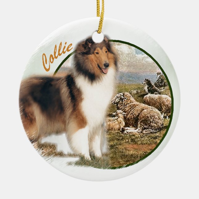 Rough Collie Keeper vom Schafe Keramik Ornament (Vorne)