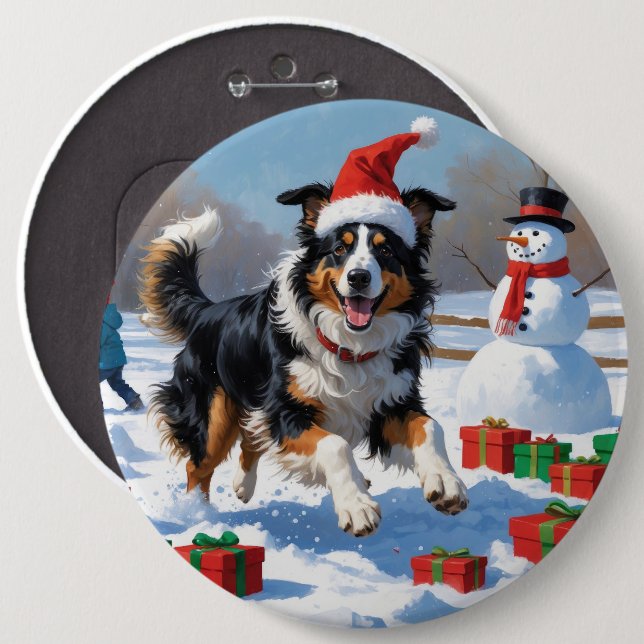 Rough Collie läuft im Schnee mit Weihnachtshut Button (Vorne & Hinten)