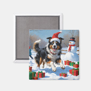 Rough Collie läuft im Schnee mit Weihnachtshut Magnet
