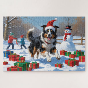 Rough Collie läuft im Schnee mit Weihnachtshut Puzzle